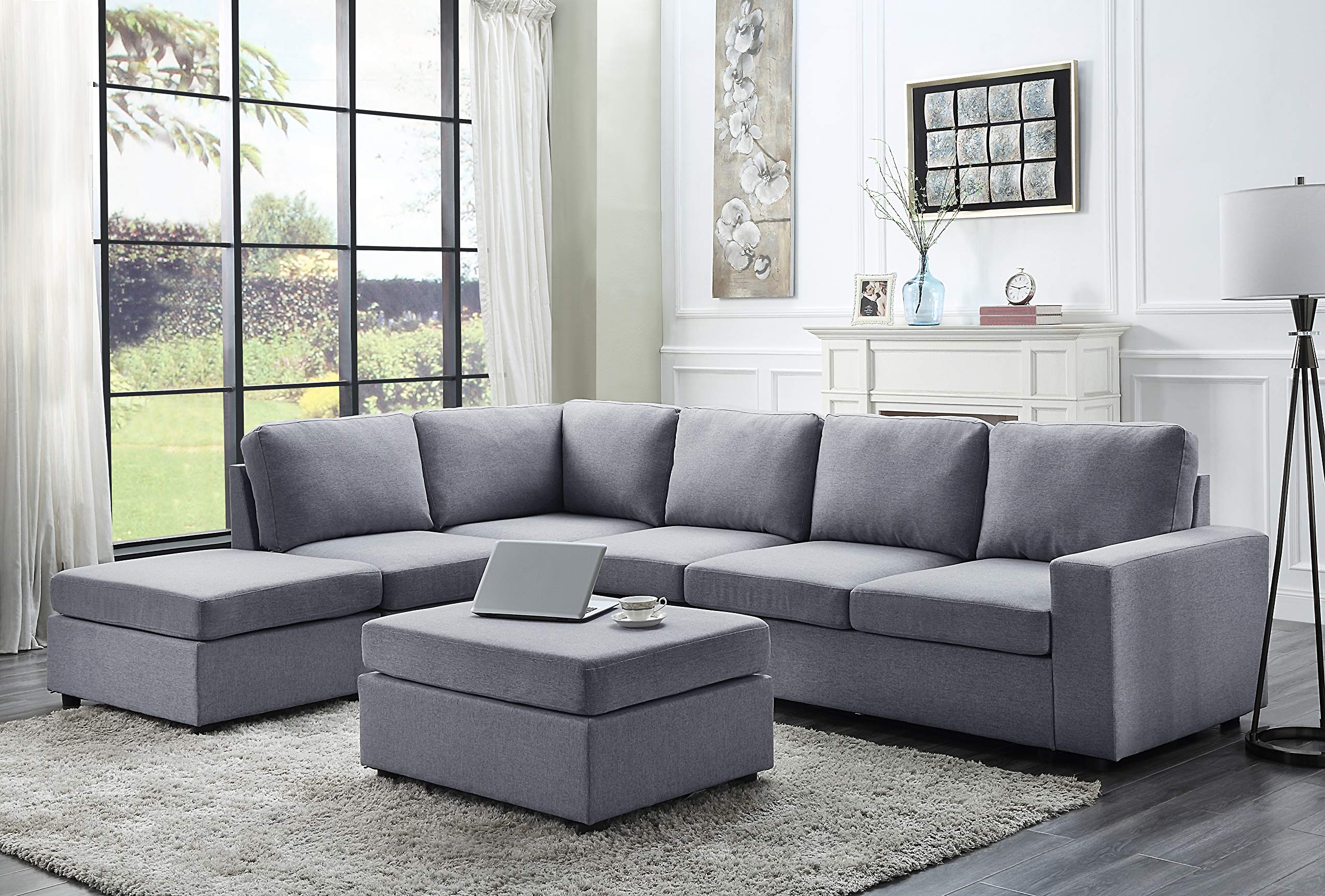 Lilola Home Cassia Light Gray Linen 7 Seat Reversible Modular Sectional Sofa with Ottoman